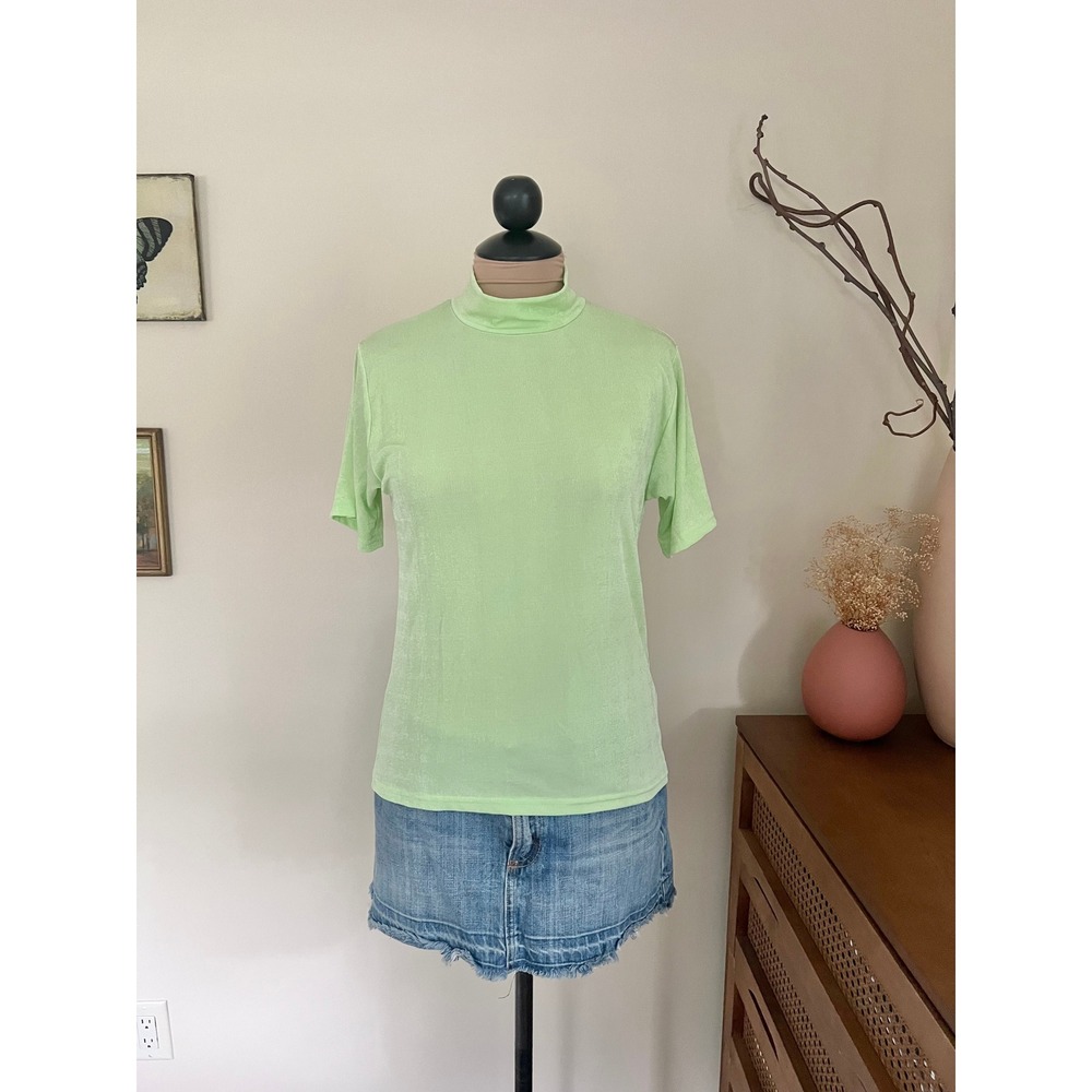 Vintage Y2K 90s Neon Green Slinky Mock Neck Top